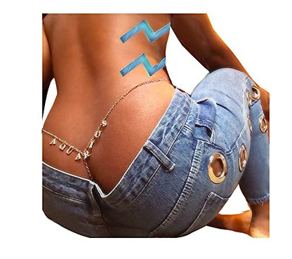 Women Sexy Rhinestone Waist Body Chain Crytal Sexy Letter Pendant Belly Waist Chain T-string Thong Body Jewelry - color: Aquarius Letter