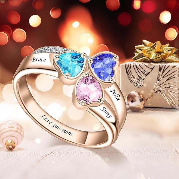 Custom Multi-Stone Family Ring 925 Sterling Silver/10K/14K/18K Gold Colored Personalized (2-8 stones) Birthstone Engraved Ring for Women Mom Wife Jewelry Gifts - style: Three Stone