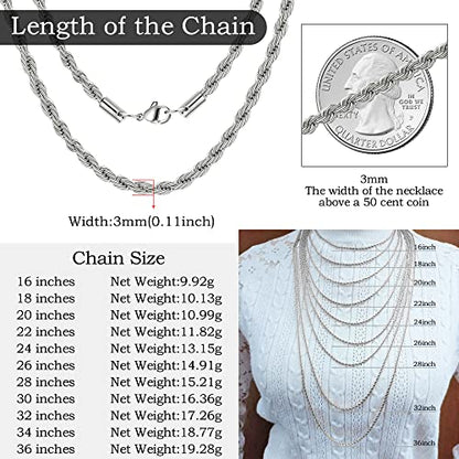 Twist Chain Necklace - Stainless Steel Rope Jewelry for Men & Women - size: 16 Inches, style: 3 mm Wide