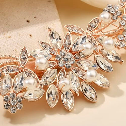 Hapibuy Rose Gold Crystal and Pearl Bridal Hair Clip Floral Hair Accessory Wedding Hair Comb For Women and Bride - color: Rose Gold-Hair Clip