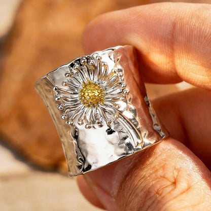 Simple Two Tone Dandelion Wide Bohemian Ring for Women Daily Party Vacation Fashion Jewelry - color: Silver & Gold