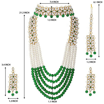 Aheli Wedding Party Wear Bridal Jewellery Choker Long Pearl Necklace Earrings Maang Tikka Indian Traditional Set Gift for Women - color: Green-1