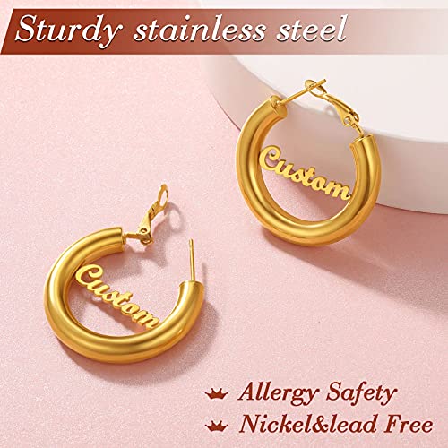 FindChic Hoop Earrings for Women, Silver/Black/14K Gold Plated Hypoallergenic Hollow Round Tube Loop Earrings, 20mm/30mm/40mm/60mm/80mm Chunky Hoops with Custom Name Options & Gift Box - color: f.Gold (Custom Name), size: 30MM