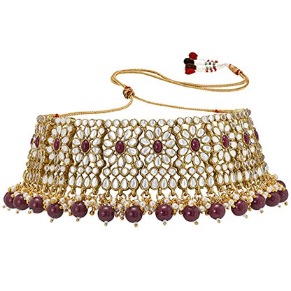 Aheli Faux Pearl Choker Necklace with Earrings Indian Traditional Bollywood Jewelry Set Gift for Women - color: Maroon