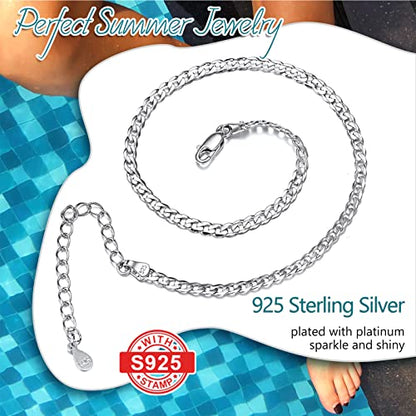 PROSILVER 925 Sterling Silver Ankle Bracelets For Women, Stylish Chain Anklets, Summer Beach Jewelry, 8.6-10.6 Inch Adjustable, Come with Box - style: 02 Cuban Anklet-3mm