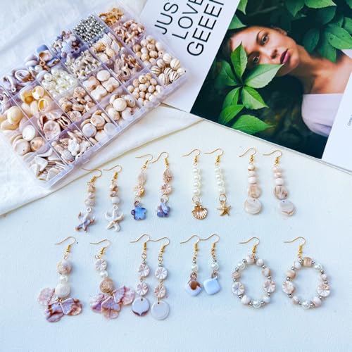 610Pcs Ocean Beads for Bracelets Making Kit, Shell Beads for Jewelry Making, Imitation Boho Shell Turtle Starfish Shape Sea Beach Bead Charms for Summer Sea Dangle Pendant Earring DIY Craft Necklace - color: Beige