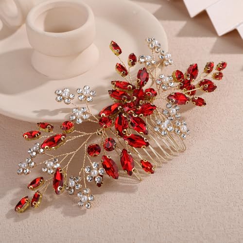 Teyglen Wedding Rhinestone Hair Comb with Pearl Bridal Red Crystal Flower Hair Side Comb Crystal Headpiece Handmade Rhinestone Hair Piece Flower Hair Accessories for Women (Red) - color: Red