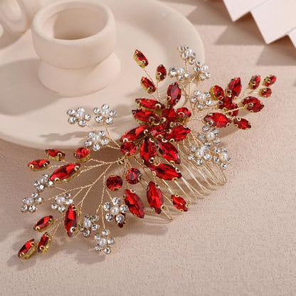 Teyglen Wedding Rhinestone Hair Comb with Pearl Bridal Red Crystal Flower Hair Side Comb Crystal Headpiece Handmade Rhinestone Hair Piece Flower Hair Accessories for Women (Red) - color: Red