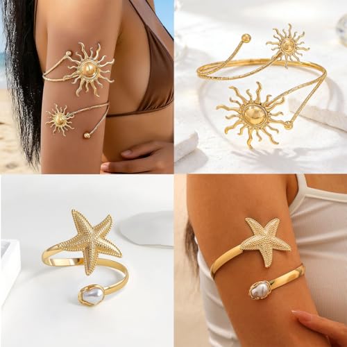 ItsStarred Minimalist Arm Cuff Gold Plated, Upper Arm Cuff Bangle Bracelet for Women, Adjustable Arm band Set 6 Pieces - color: B: Gold Plated Flower & Sun