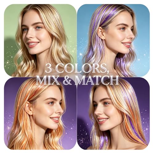 CELINABELLA Clip In Hair Tinsel 12 Pack 3 Colors 4 Pcs Each Mixed Gold Silver Fuchsia 23 Inch 70 Strands Heat Resistant 320°F Invisible Clips For Women Teens Wedding Party Prom Birthday - color: Gold-Silver-Pink