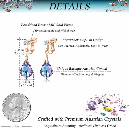 Austrian Crystal Baroque Drop Clip On Dangle Earrings for Women Non Pierced 14K Rose Gold Plated Hypoallergenic Jewelry - color: Vitrail Light