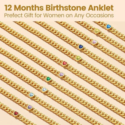 KeyStyle GoldChic Gold Round Heart Ankle Bracelet with Birthstone For Women, 12 Months Sparkling Crystal Anklet Anniversary Jewelry for Her, Birthday Chains for Mother