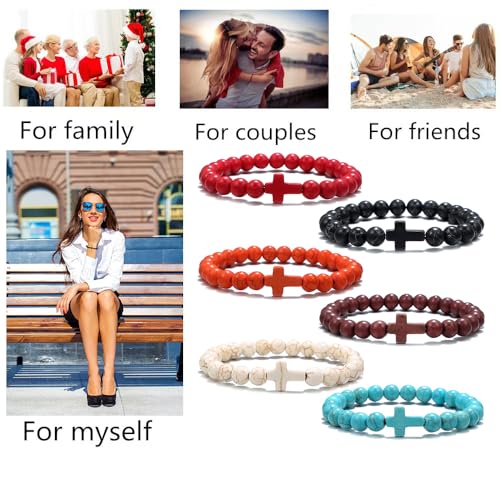 Beaded Bracelets Cross Bracelet for Women Men Lava Rock Turquoise Tiger Eye Natural Bracelet Anxiety Healing - color: 6Pcs-coloured cross 1