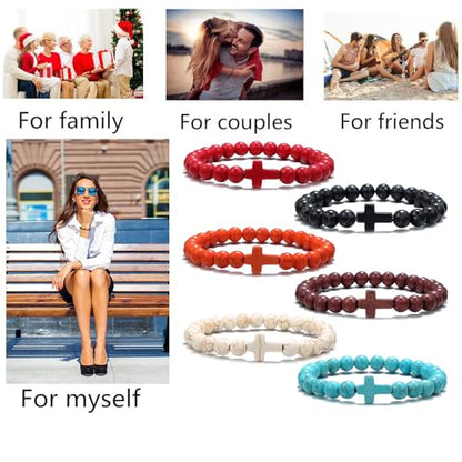 Beaded Bracelets Cross Bracelet for Women Men Lava Rock Turquoise Tiger Eye Natural Bracelet Anxiety Healing - color: 6Pcs-coloured cross 1