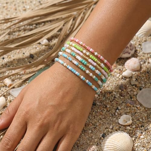 14K Gold Plated Beaded Bracelets Stack Set for Women,Stretch Boho Ball Jewelry Friendship Trendy - color: Blue