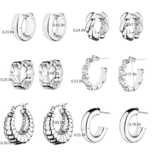 Wgoud 6 Pairs Chunky Gold Hoop Earrings for Women, 14K Gold Plated Hoop Earrings Hypoallergenic, Thick Lightweight Twisted Huggie Hoops Earring Set for Women’s Jewelry GIfts - color: 6 Silver Chunky Hoops