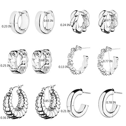 Wgoud 6 Pairs Chunky Gold Hoop Earrings for Women, 14K Gold Plated Hoop Earrings Hypoallergenic, Thick Lightweight Twisted Huggie Hoops Earring Set for Women’s Jewelry GIfts - color: 6 Silver Chunky Hoops