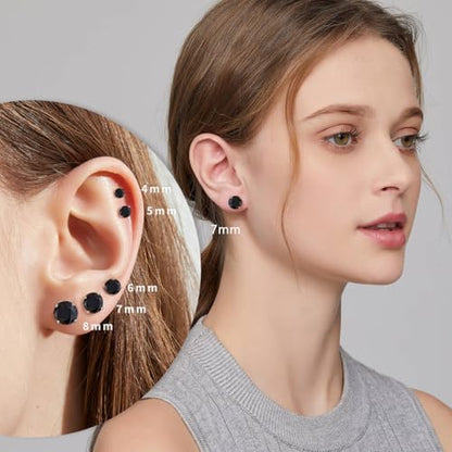 Jiamiaoi 18K White Gold Plated Stud Earrings 925 Sterling Silver Round and Square Cut Princess Cut 5A+ Cubic Zirconia Stud Earrings 4mm to 8mm Fashion Jewelry for Men Women - color: D-Round Cut Black, size: 5mm