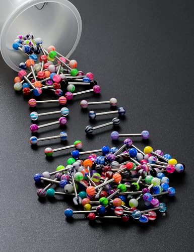 100pcs 14g Tongue Rings Nipple Rings for Women Men Surgical Stainless Steel Tongue/Nipple Piercing Jewelry Plastic Metal Tongue Ring 16MM Acrylic Straight Barbells Body Piercing Jewelry - color: A-100PCS Metal Tongue/Nipple Rings 14mm