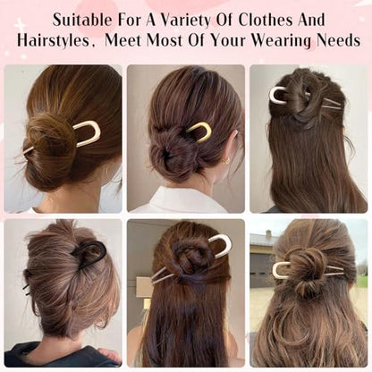 4Pcs Elegant French Hair Pin Set for Women, Metal U Shaped Hair Pins | French Hair Tool Decorative Hair Clips for Thick and Fine Hair (Gold Black Silver Rose Gold)