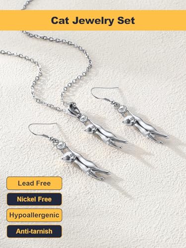 U7 Cat Pendant Necklace for Women Stainless Steel Cute Kitty Cat Jewelry Gift - style: Platinum (Necklace+Earrings)