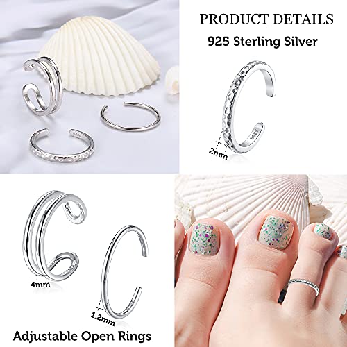 PATISORNA 925 Sterling Silver Open Toe Rings for Women Hypoallergenic Adjustable Cuff Toe Ring Set Minimalistic Toe Rings Foot Jewelry