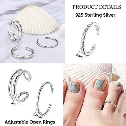 PATISORNA 925 Sterling Silver Open Toe Rings for Women Hypoallergenic Adjustable Cuff Toe Ring Set Minimalistic Toe Rings Foot Jewelry
