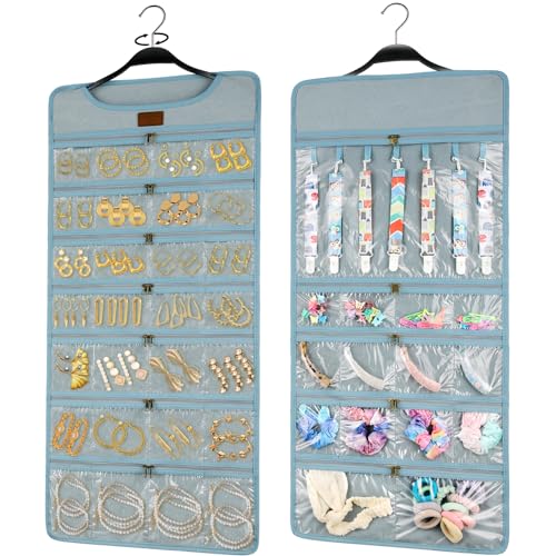 SMRITI Hanging Jewelry Organizer with Dual Zippered Pockets Canvas Double Sided Rotating Hanger Necklace Hanging Wall Organizer Earring Dustproof Holder Wall Mount Accessories Display Bag(Light Blue) - color: Blue