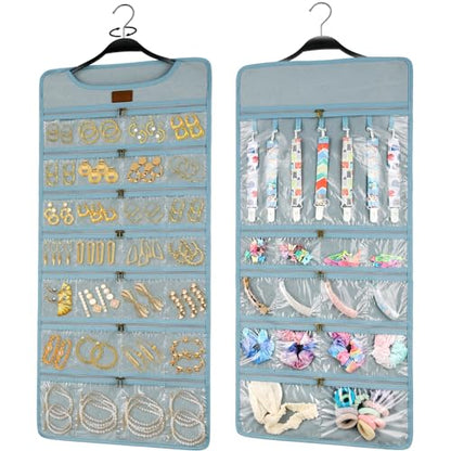 SMRITI Hanging Jewelry Organizer with Dual Zippered Pockets Canvas Double Sided Rotating Hanger Necklace Hanging Wall Organizer Earring Dustproof Holder Wall Mount Accessories Display Bag(Light Blue) - color: Blue
