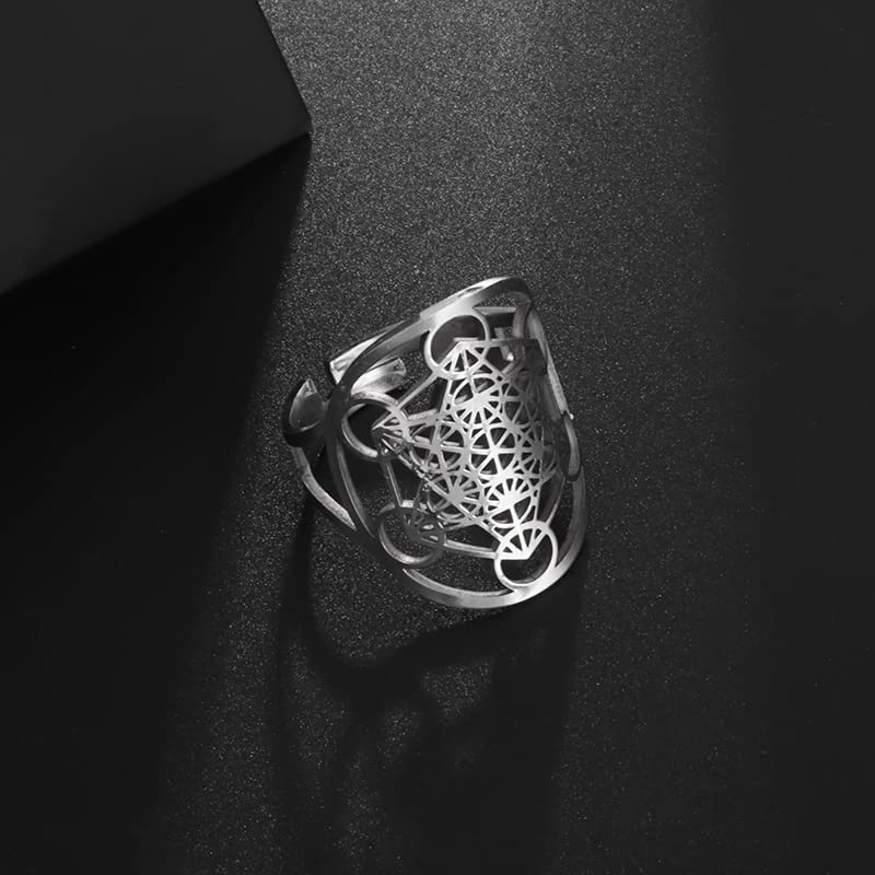 Metatron's Cube Ring Angel Seal Archangel Metatron Cube Protection Statement Hollowed Out Womens Stainless Steel Open Band Ring Jewelry - color: Silver