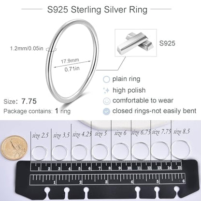 CANDYFANCY 925 Sterling Silver 1.2mm Stacking Midi Thin Rings Thumb Pinky Ring Stack Knuckle Rings for Women Band Ring Size 2.5-8.5 - color: silver-1pcs, size: 7.75
