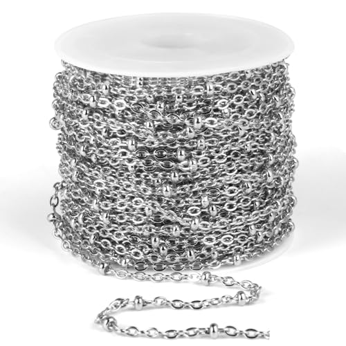 33FT 2mm Stainless Steel Satellite Cable Chain Roll Bulk for Jewelry Making | 304 Stainless Steel Flat Cable Link Ball Beaded Satellite Chains Spool for DIY Craft - color: Stainless Steel Small Beads Satellite Cable Chain