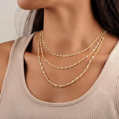 Turandoss Gold Layered Necklaces for Women Dainty 14K Gold Plated Chain Set | Stack Cuban Link Chain Necklace Personalized Lip Satellite Flat Curb Link Necklaces for Women Trendy Set - color: Lip Chain