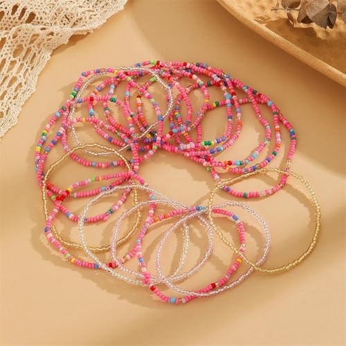 18Pcs Boho Stackable Beaded Bracelets for Women Colorful Handmade Multilayered Rice Beads Anklets Set Summer Beach Bohemian Jewelry Gift - color: Style 1 Pink A