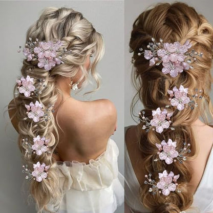 5 PCS Large Flower Bridal Wedding Hair Pins Crystal Pearl Hair Clips Headpiece Bride Hair Accessories Jewelry with Rhinestone, Glitter Emboss Pink Flower - color: Glitter Emboss Pink Flower