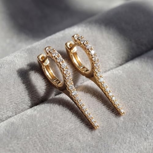 DREMMY STUDIOS Gold Dainty Huggie Hoop Earrings 18K Gold Plated Exquisite Open Tassel Dangle Charm Drop Sleeper Geometric Cross Coin Star Heart White CZ Simple Hypoallergenic Earrings for Women - color: Long-CZ
