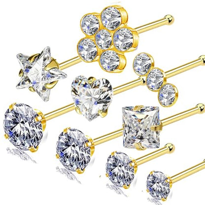 14k Gold Plated Nose Rings Studs for Women 316L Surgical Steel Nose Piercings 22g/20g/18g Gauges 1.5mm/2mm/2.5mm/3mm/3.5mm/4.5mm Sizes - color: 20g 9pcs Bone Gold Surgical Steel