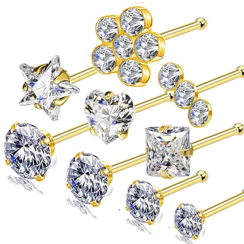14k Gold Plated Nose Rings Studs for Women 316L Surgical Steel Nose Piercings 22g/20g/18g Gauges 1.5mm/2mm/2.5mm/3mm/3.5mm/4.5mm Sizes - color: 20g 9pcs Bone Gold Surgical Steel