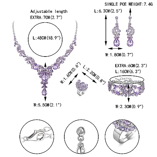 EVER FAITH Rhinestone Crystal Bridal Floral Wave Teardrop Necklace Earrings Set - color: 4pcs_Light Purple