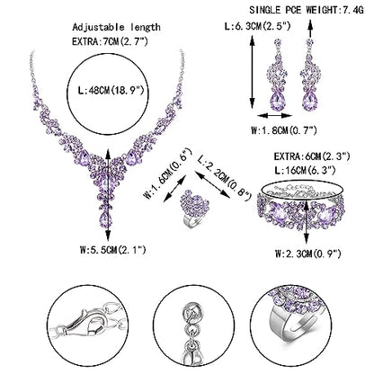 EVER FAITH Rhinestone Crystal Bridal Floral Wave Teardrop Necklace Earrings Set - color: 4pcs_Light Purple