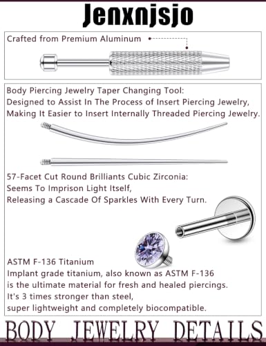 Jenxnjsjo F136 Titanium 20/18/16g Earrings Nose Lip Rings Studs Labret Medusa Tragus Helix Conch Cartilage Piercing Jewelry for Women - color: Purple, size: 18g