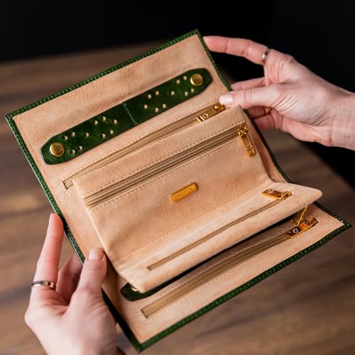 Time Resistance Leather Jewelry Roll - Full Grain Leather Travel Jewelry Case - Jewellery Organizer Made in Italy (Green) - color: Green