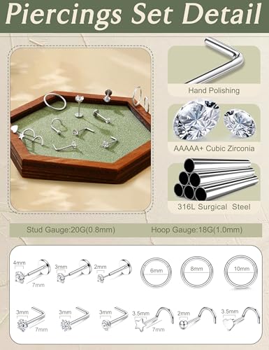 JeryWe 12PCS Nose Rings for Women - Gold Plated Hypoallergenic Surgical Steel Nose Rings Hoops Lip Septum Clicker Ring CZ Screw L Shaped Studs Threadless Flat Back Stud Nostril Piercing Jewelry - color: Steel - Heart CZ