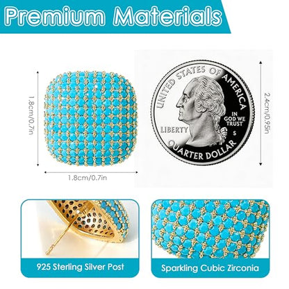 18K Gold Plated Chunky Square & Round Cubic Zirconia Stud Earrings for Women, Hypoallergenic 925 Silver Post Simulated Diamond Wedding Prom Party Bridesmaid Daily Fine Jewelry Gift for Mom Wife Friend - color: EA355-Square-Gold Turquoise