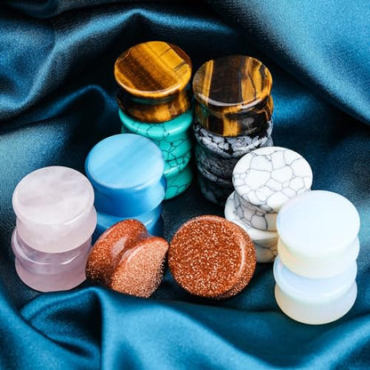 16-Piece Natural Stone Ear Gauges, Double-Flare Plugs, 6-20mm | Hypoallergenic mixed natural stone plugs with a smooth polished surface and secure saddle double-flare fit for daily wear - size: 16 mm