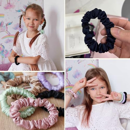 LILYSILK 9 Pack 100 Real Mulberry Silk Scrunchies Black for Women Mini- Colorful Hair Bow Ties- Girls- Unique Bobble Elastics Hair Scrunchy- Soft Cute - color: 9pc-Mini