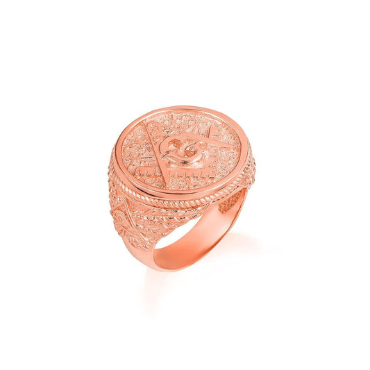 Claddagh Gold 10K and 14K Gold Freemason Square & Compass Clover Eye Of Protection Wreath Roped Signet Ring Available in Yellow, Rose and White Gold with multiple ring sizes - color: C. 14K Rose Gold