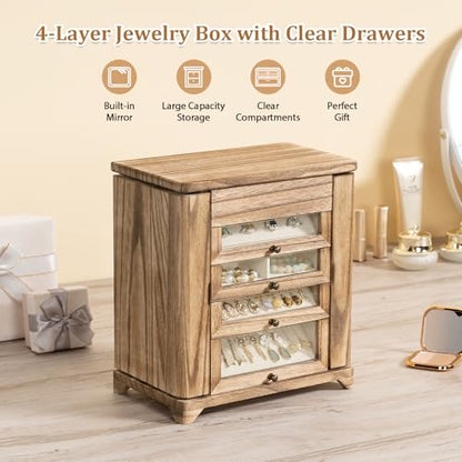 Large Jewelry Box & Organizer for Women, Wooden Jewelry Storage with 4 Transparent Drawers, Holds Necklaces, Rings, Bracelets, Earrings and Watches(Brown) - color: Rustic Brown