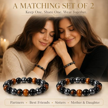 WFJ Black Obsidian Hematite Triple Protection Bracelets Set - Tiger Eye Beaded Natural Stone Bracelet for Men Women Gemstone (10MM) - color: Women’s S–M Wrist -Triple Protection Set of 2
