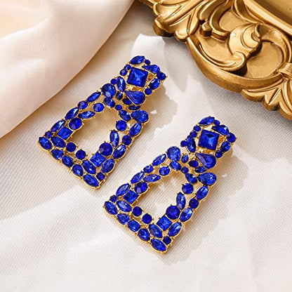 Flyonce Rectangle Clip-on Drop Earrings for Women, Sparkly Rhinestone Crystal Geometric Statement Non Pierced Earring Wedding Prom Party Jewelry for Brides Bridesmaid - color: Blue